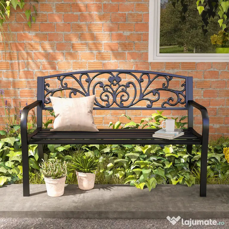 Outsunny Banca de gradina din metal cu spătar decorat, 127x60x87cm – negru