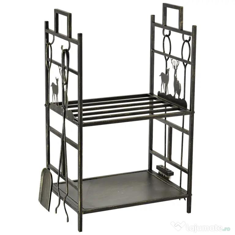 Outsunny Suport Lemne de Foc din Fier Forjat cu Instrumente pentru Semineu si Manere, Baza Suport Lemne Inaltata si Decorata, 51.5x33x77cm - Negru