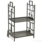 Outsunny Suport Lemne de Foc din Fier Forjat cu Instrumente pentru Semineu si Manere, Baza Suport Lemne Inaltata si Decorata, 51.5x33x77cm - Negru