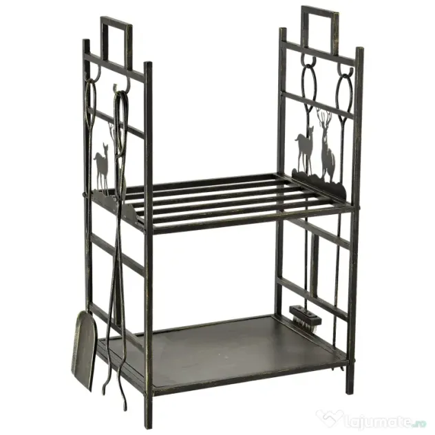 Outsunny Suport Lemne de Foc din Fier Forjat cu Instrumente pentru Semineu si Manere, Baza Suport Lemne Inaltata si Decorata, 51.5x33x77cm - Negru
