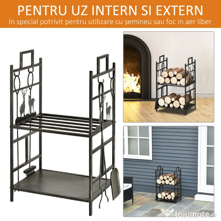 Outsunny Suport Lemne de Foc din Fier Forjat cu Instrumente pentru Semineu si Manere, Baza Suport Lemne Inaltata si Decorata, 51.5x33x77cm - Negru