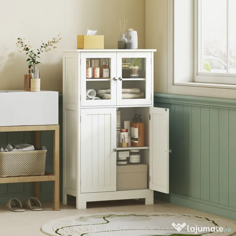kleankin Mobiletto Bagno con due Armadietti, Ante in Vetro e Ripiano Regolabile, 60x30x108.5 cm, Bianco