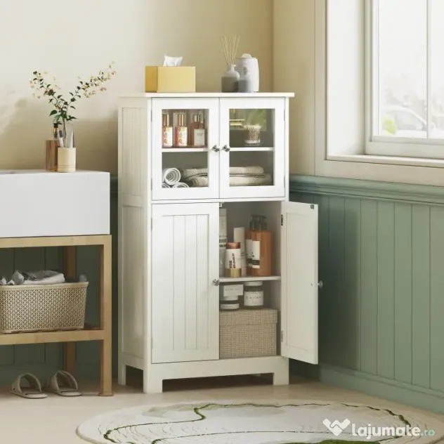 kleankin Mobiletto Bagno con due Armadietti, Ante in Vetro e Ripiano Regolabile, 60x30x108.5 cm, Bianco