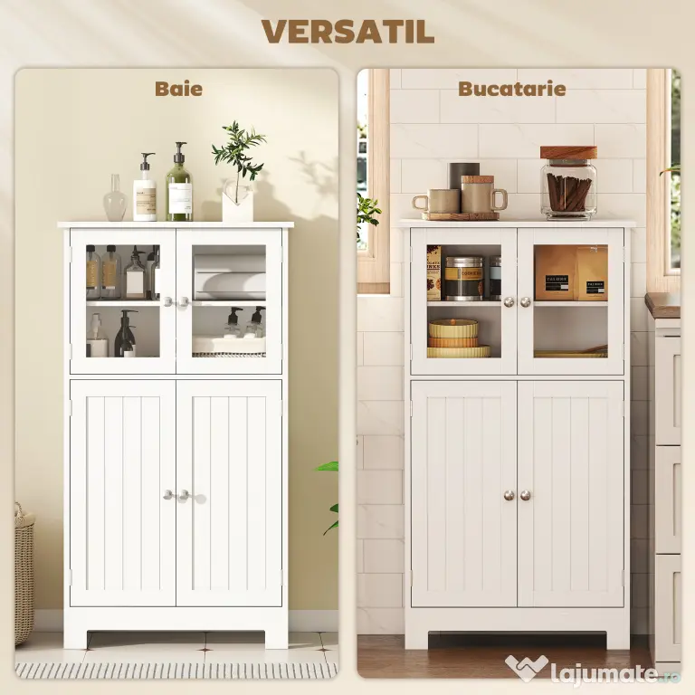 kleankin Mobiletto Bagno con due Armadietti, Ante in Vetro e Ripiano Regolabile, 60x30x108.5 cm, Bianco