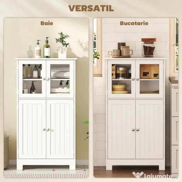 kleankin Mobiletto Bagno con due Armadietti, Ante in Vetro e Ripiano Regolabile, 60x30x108.5 cm, Bianco