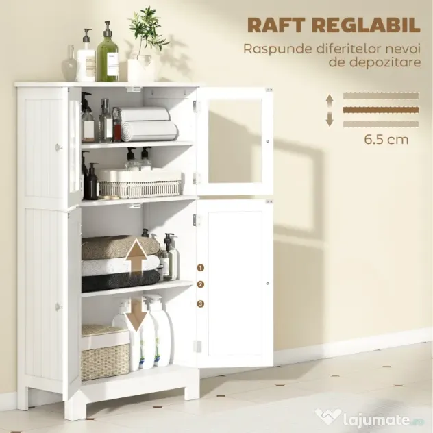 kleankin Mobiletto Bagno con due Armadietti, Ante in Vetro e Ripiano Regolabile, 60x30x108.5 cm, Bianco