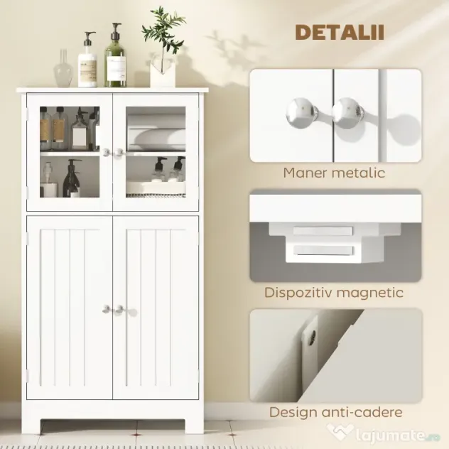 kleankin Mobiletto Bagno con due Armadietti, Ante in Vetro e Ripiano Regolabile, 60x30x108.5 cm, Bianco