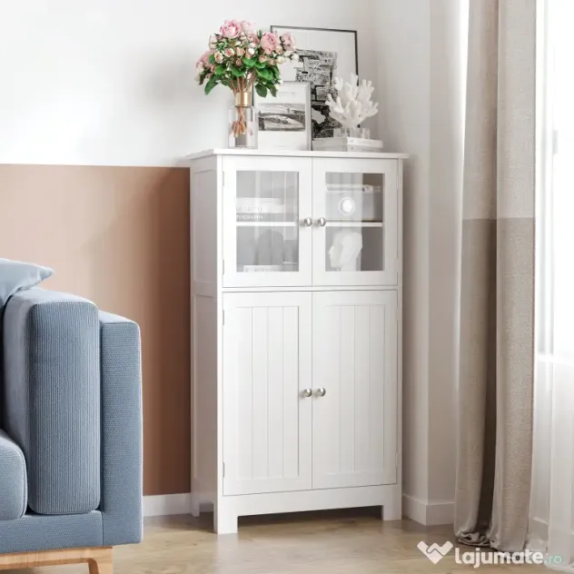 kleankin Mobiletto Bagno con due Armadietti, Ante in Vetro e Ripiano Regolabile, 60x30x108.5 cm, Bianco