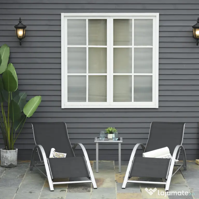 Outsunny Set 2 Sezlonguri de Gradina si 1 Masuta cu Raft din Sticla Negru