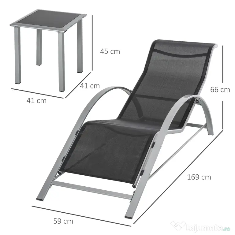 Outsunny Set 2 Sezlonguri de Gradina si 1 Masuta cu Raft din Sticla Negru