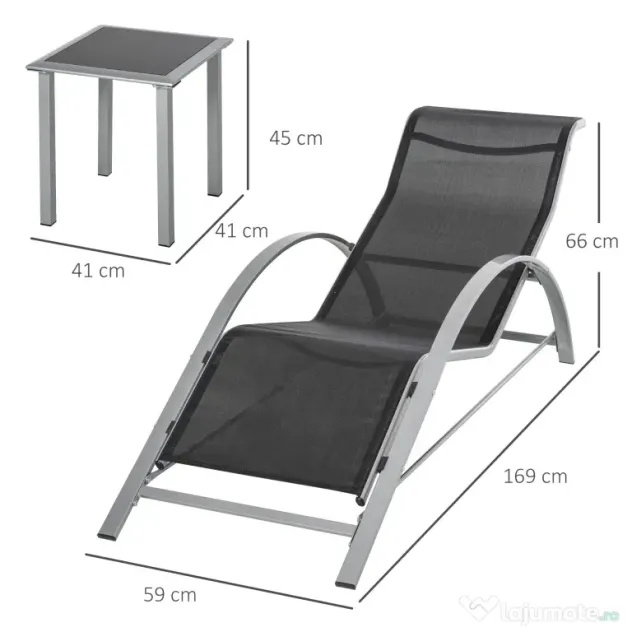 Outsunny Set 2 Sezlonguri de Gradina si 1 Masuta cu Raft din Sticla Negru