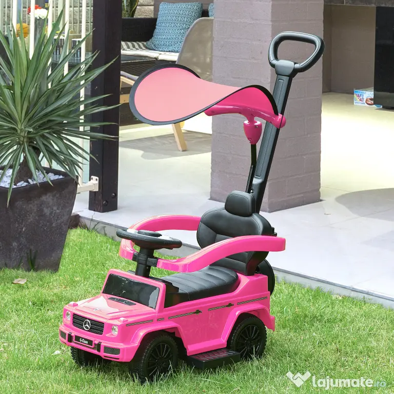 HOMCOM Mașinuță pentru copii cu licență Mercedes, pentru vârste între 12-36 luni, cu acoperiș și mâner, 85,5x40,5x95 cm, roz