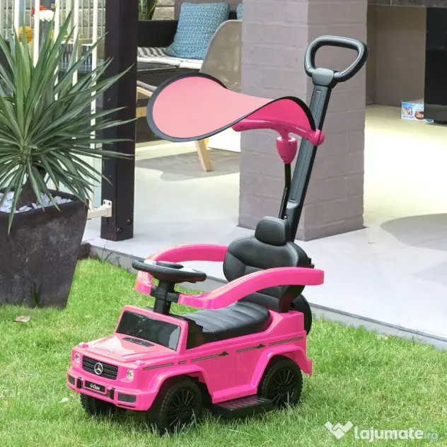 HOMCOM Mașinuță pentru copii cu licență Mercedes, pentru vârste între 12-36 luni, cu acoperiș și mâner, 85,5x40,5x95 cm, roz