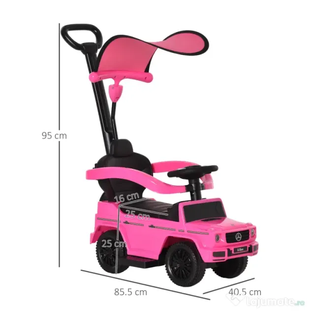 HOMCOM Mașinuță pentru copii cu licență Mercedes, pentru vârste între 12-36 luni, cu acoperiș și mâner, 85,5x40,5x95 cm, roz