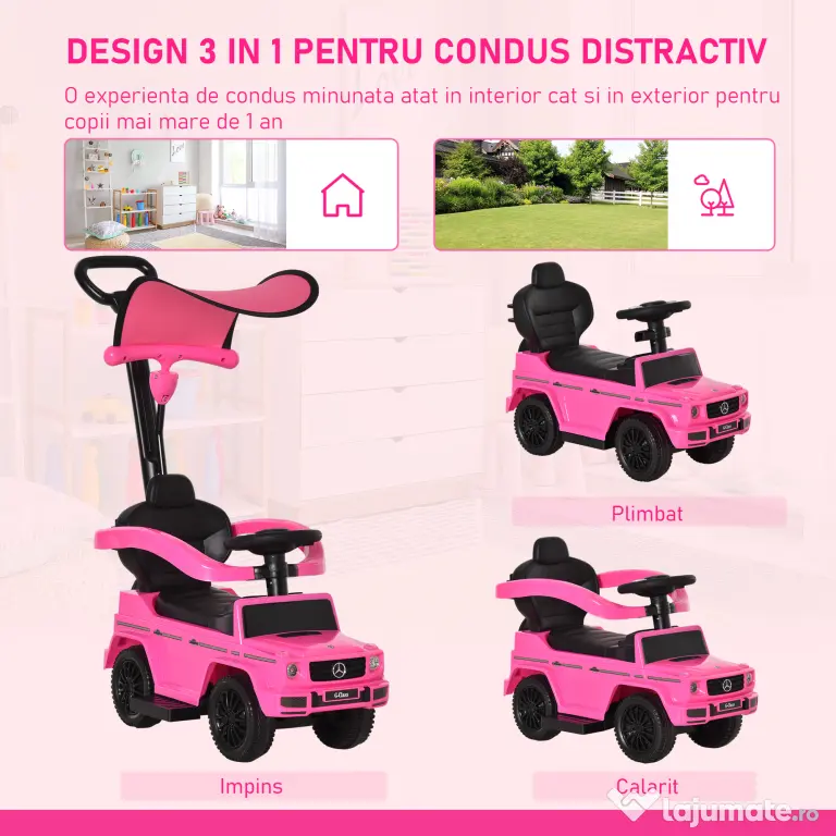 HOMCOM Mașinuță pentru copii cu licență Mercedes, pentru vârste între 12-36 luni, cu acoperiș și mâner, 85,5x40,5x95 cm, roz