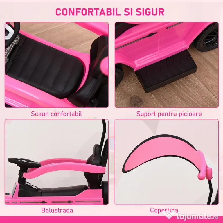 HOMCOM Mașinuță pentru copii cu licență Mercedes, pentru vârste între 12-36 luni, cu acoperiș și mâner, 85,5x40,5x95 cm, roz