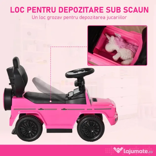 HOMCOM Mașinuță pentru copii cu licență Mercedes, pentru vârste între 12-36 luni, cu acoperiș și mâner, 85,5x40,5x95 cm, roz