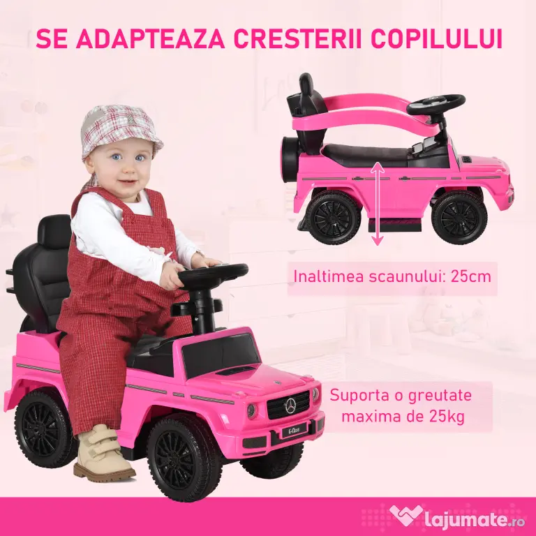 HOMCOM Mașinuță pentru copii cu licență Mercedes, pentru vârste între 12-36 luni, cu acoperiș și mâner, 85,5x40,5x95 cm, roz
