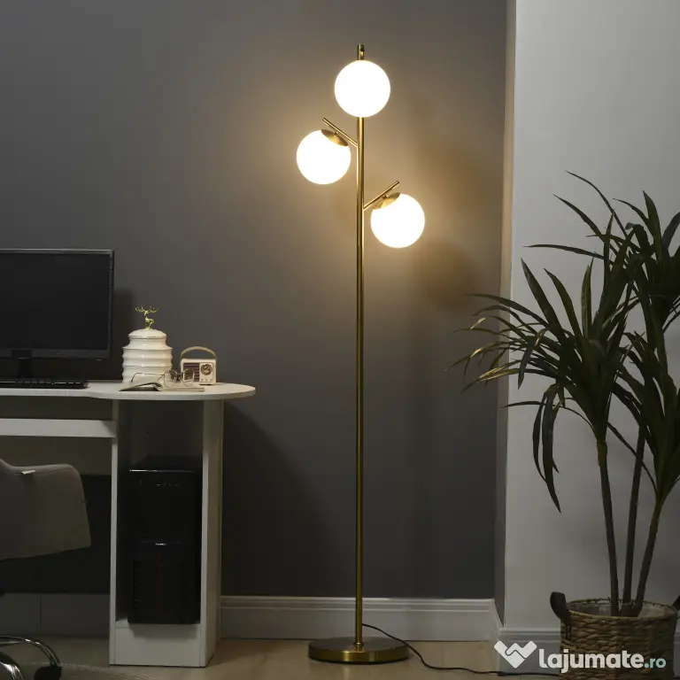 Homcom Lampa Podea Moderna – 3 Becuri Aurii, Otel & Sticla