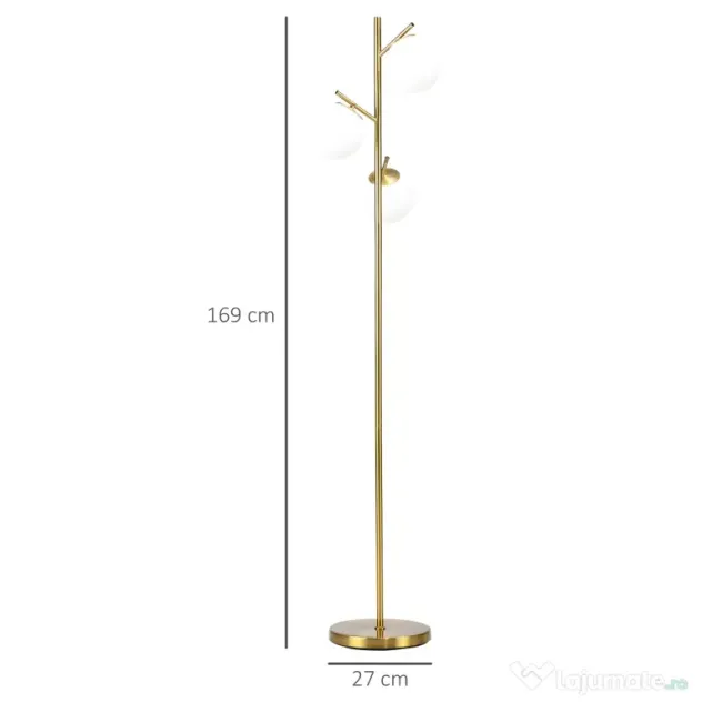 Homcom Lampa Podea Moderna – 3 Becuri Aurii, Otel & Sticla