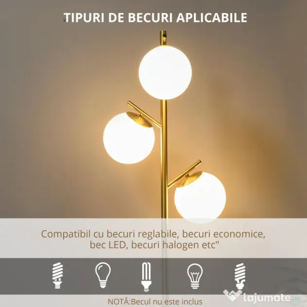 Homcom Lampa Podea Moderna – 3 Becuri Aurii, Otel & Sticla