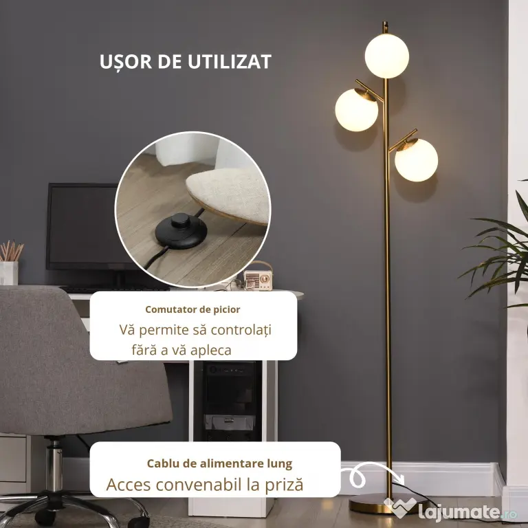 Homcom Lampa Podea Moderna – 3 Becuri Aurii, Otel & Sticla