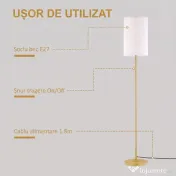 HOMCOM Lampadar cu Abajur din In și Dulie E27, In și Oțel, 25,5x25,5x157 cm, Auriu 