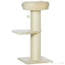 PawHut Ansamblu de Zgâriat pentru Pisici Multinivel cu Stâlp Sisal și Platformă, PAL, Pluș, 48,5x48,5x105 cm, Bej