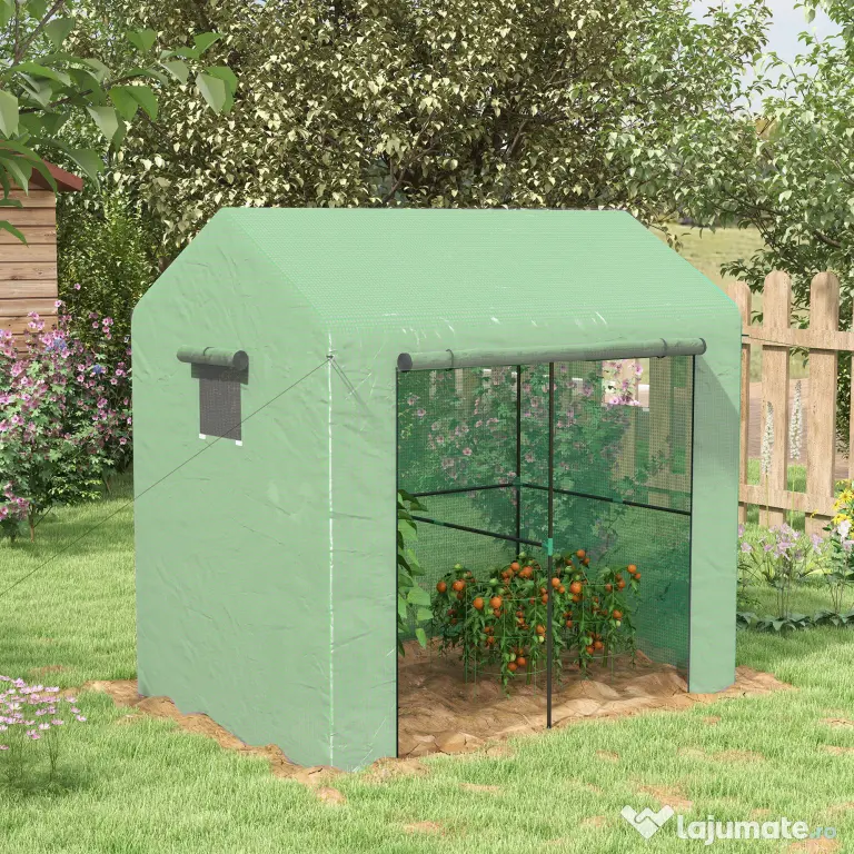Outsunny Seră tip căsuță cu 2 secțiuni, cu ușă și ferestre rulabile, din oțel și PE, 200x140x200 cm, verde