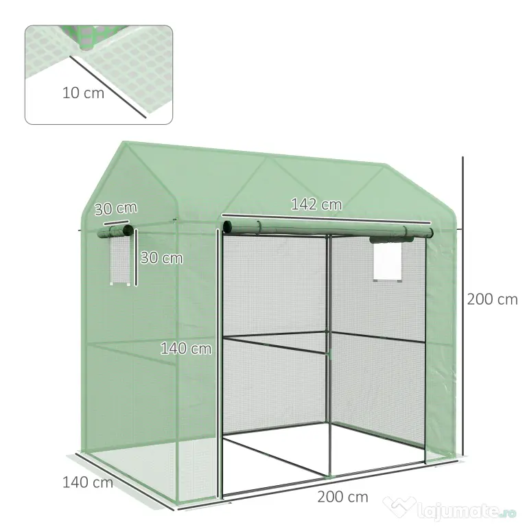Outsunny Seră tip căsuță cu 2 secțiuni, cu ușă și ferestre rulabile, din oțel și PE, 200x140x200 cm, verde