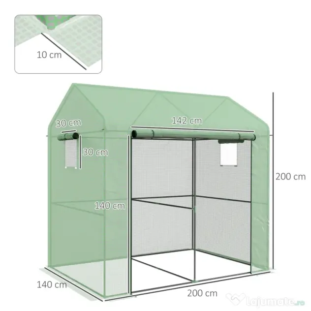 Outsunny Seră tip căsuță cu 2 secțiuni, cu ușă și ferestre rulabile, din oțel și PE, 200x140x200 cm, verde