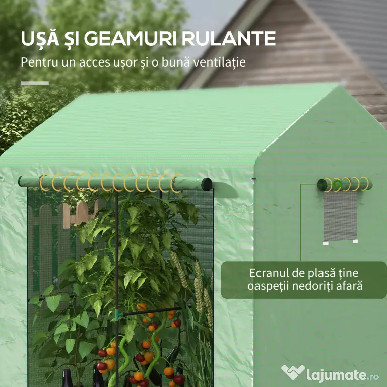 Outsunny Seră tip căsuță cu 2 secțiuni, cu ușă și ferestre rulabile, din oțel și PE, 200x140x200 cm, verde