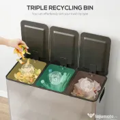 HOMCOM Coș de Gunoi cu 3 Compartimente de 20L cu Închidere Silențioasă, din Oțel Inoxidabil și PP, 61.9x36.6x56.7 cm 