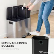 HOMCOM Coș de Gunoi cu 3 Compartimente de 20L cu Închidere Silențioasă, din Oțel Inoxidabil și PP, 61.9x36.6x56.7 cm 