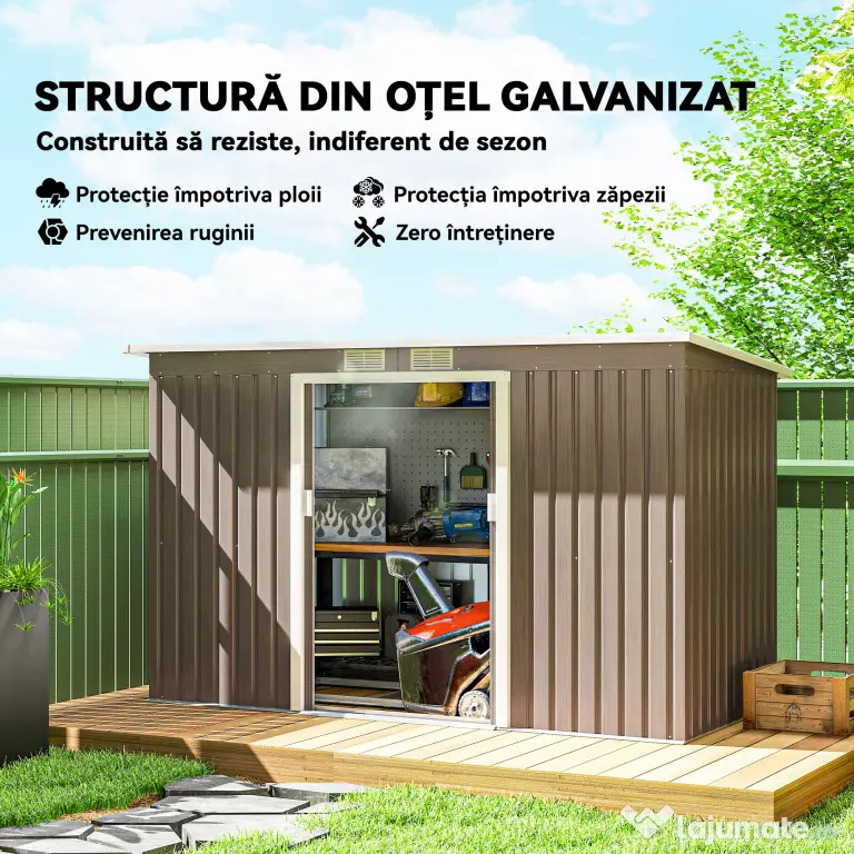 Outsunny Depozit de Grădină din Oțel cu 2 Orificii de Aerisire și 2 Uși Glisante, 280 x 130 x 172 cm, Gri Lemn