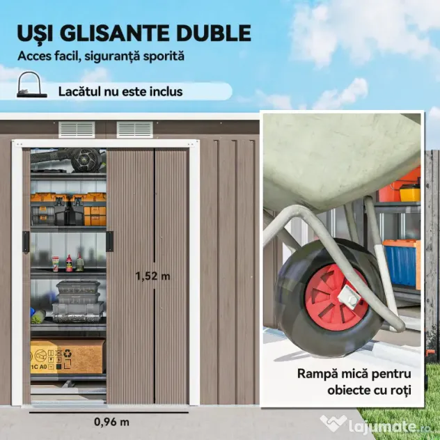 Outsunny Depozit de Grădină din Oțel cu 2 Orificii de Aerisire și 2 Uși Glisante, 280 x 130 x 172 cm, Gri Lemn