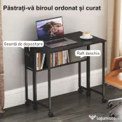 HOMCOM Birou Pliabil Economisitor de Spațiu Rabatabil cu Raft, Buzunar pentru Depozitare și Roți, Negru 