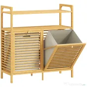 HOMCOM Dulap pentru rufe cu 2 coșuri de 41L și 2 rafturi, din bambus și poliester, 82x33x88 cm, culoare lemn și crem