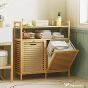 HOMCOM Dulap pentru rufe cu 2 coșuri de 41L și 2 rafturi, din bambus și poliester, 82x33x88 cm, culoare lemn și crem