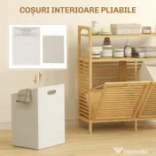 HOMCOM Dulap pentru rufe cu 2 coșuri de 41L și 2 rafturi, din bambus și poliester, 82x33x88 cm, culoare lemn și crem