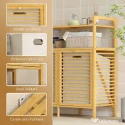 HOMCOM Dulap pentru rufe cu 2 coșuri de 41L și 2 rafturi, din bambus și poliester, 82x33x88 cm, culoare lemn și crem
