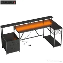 HOMCOM Birou Gaming Reversibil în Formă de L cu LED, 192,5cm Birou Colțar cu Prize Electrice, Suport Monitor și CPU, 2 Sertare din Material Textil pentru Documente A4/Legal, pentru Casă Birou Studio, Negru