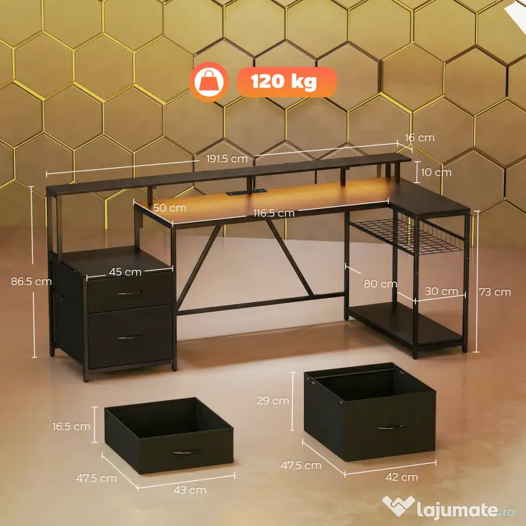 HOMCOM Birou Gaming Reversibil în Formă de L cu LED, 192,5cm Birou Colțar cu Prize Electrice, Suport Monitor și CPU, 2 Sertare din Material Textil pentru Documente A4/Legal, pentru Casă Birou Studio, Negru