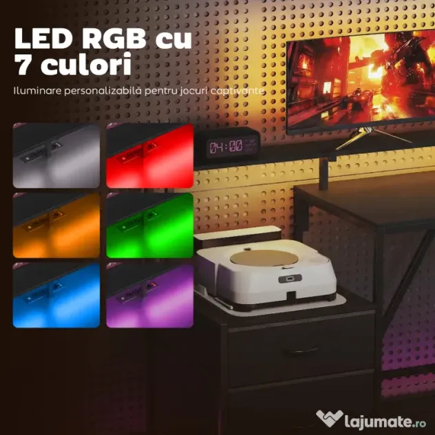 HOMCOM Birou Gaming Reversibil în Formă de L cu LED, 192,5cm Birou Colțar cu Prize Electrice, Suport Monitor și CPU, 2 Sertare din Material Textil pentru Documente A4/Legal, pentru Casă Birou Studio, Negru