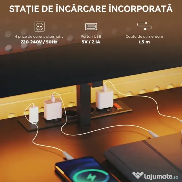 HOMCOM Birou Gaming Reversibil în Formă de L cu LED, 192,5cm Birou Colțar cu Prize Electrice, Suport Monitor și CPU, 2 Sertare din Material Textil pentru Documente A4/Legal, pentru Casă Birou Studio, Negru