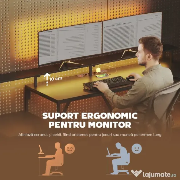 HOMCOM Birou Gaming Reversibil în Formă de L cu LED, 192,5cm Birou Colțar cu Prize Electrice, Suport Monitor și CPU, 2 Sertare din Material Textil pentru Documente A4/Legal, pentru Casă Birou Studio, Negru