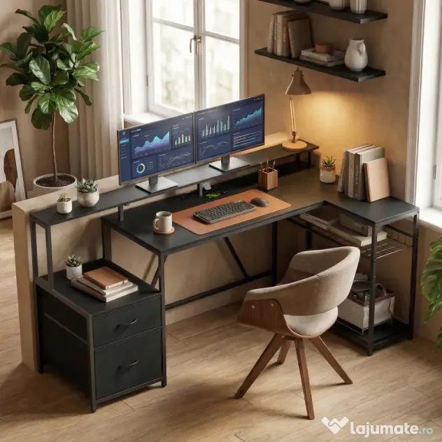 HOMCOM Birou Gaming Reversibil în Formă de L cu LED, 192,5cm Birou Colțar cu Prize Electrice, Suport Monitor și CPU, 2 Sertare din Material Textil pentru Documente A4/Legal, pentru Casă Birou Studio, Negru