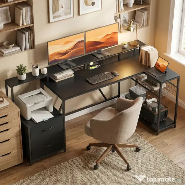 HOMCOM Birou Gaming Reversibil în Formă de L cu LED, 192,5cm Birou Colțar cu Prize Electrice, Suport Monitor și CPU, 2 Sertare din Material Textil pentru Documente A4/Legal, pentru Casă Birou Studio, Negru