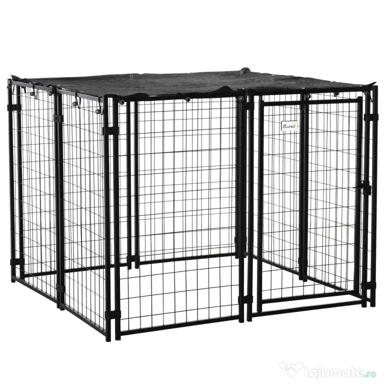 Tarc pentru Caini PawHut din Otel Pliabil cu Acoperis, Tarc pentru Animale cu 8 Panouri cu Usa Blocabila, 141x141x113cm, Negru
