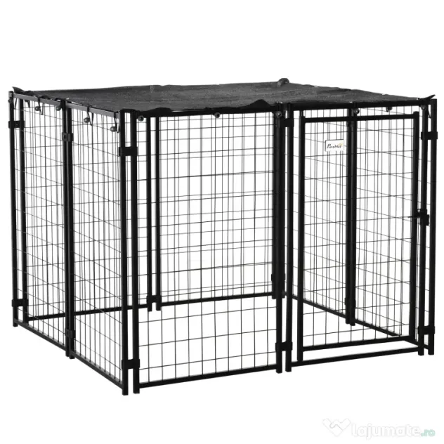 Tarc pentru Caini PawHut din Otel Pliabil cu Acoperis, Tarc pentru Animale cu 8 Panouri cu Usa Blocabila, 141x141x113cm, Negru